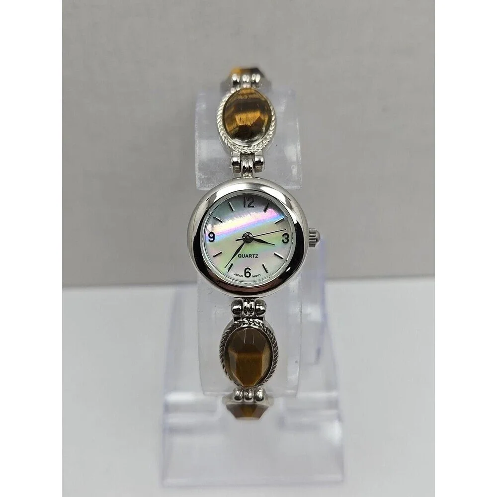 Avon Tigers Eye Cabochon Bracelet Watch Quartz MOP Dial New Battery Steel Back